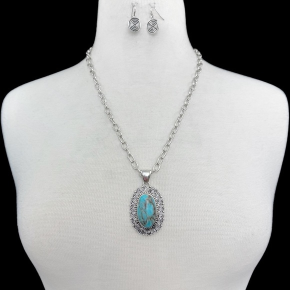 Turquoise Blue Stone Swirl Pendant Necklace Earrings Set - Picture 1 of 3